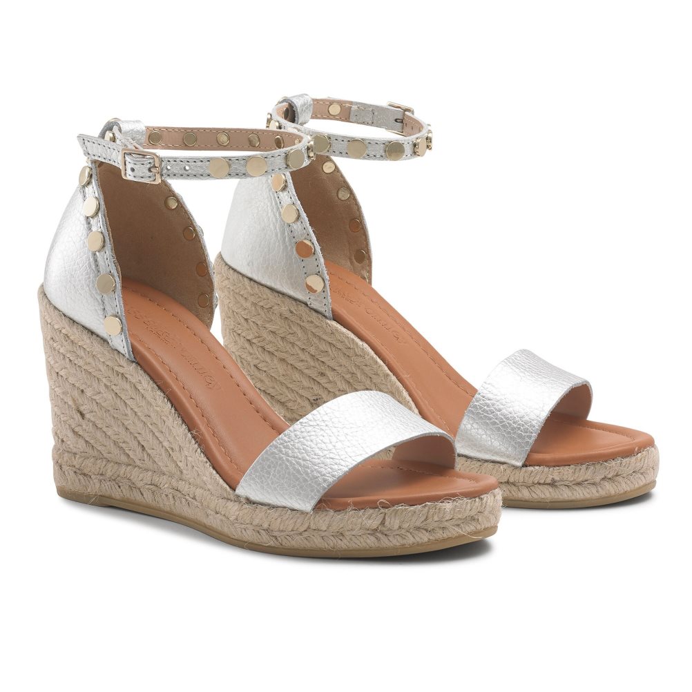 Silver Russell And Bromley Coin Spin Stud Espadrille Women's Wedges | CA-9715Y