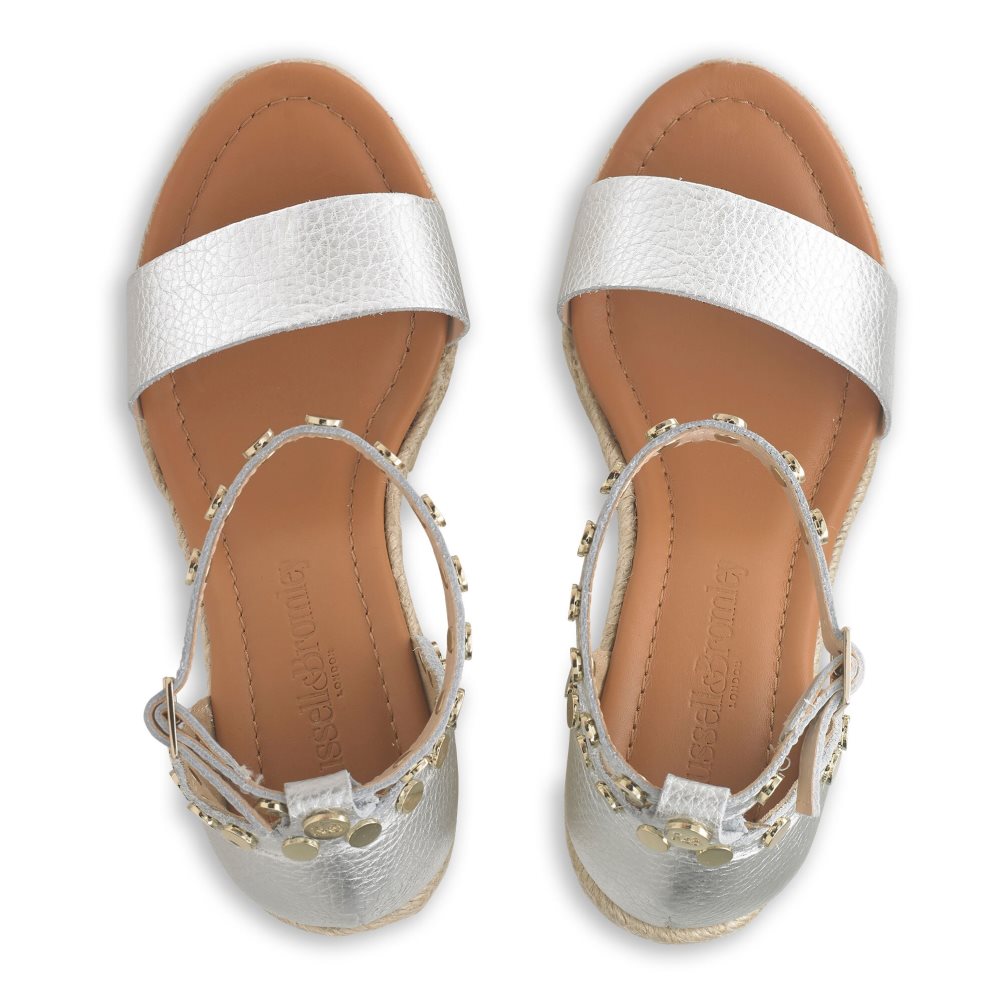 Silver Russell And Bromley Coin Spin Stud Espadrille Women's Wedges | CA-9715Y
