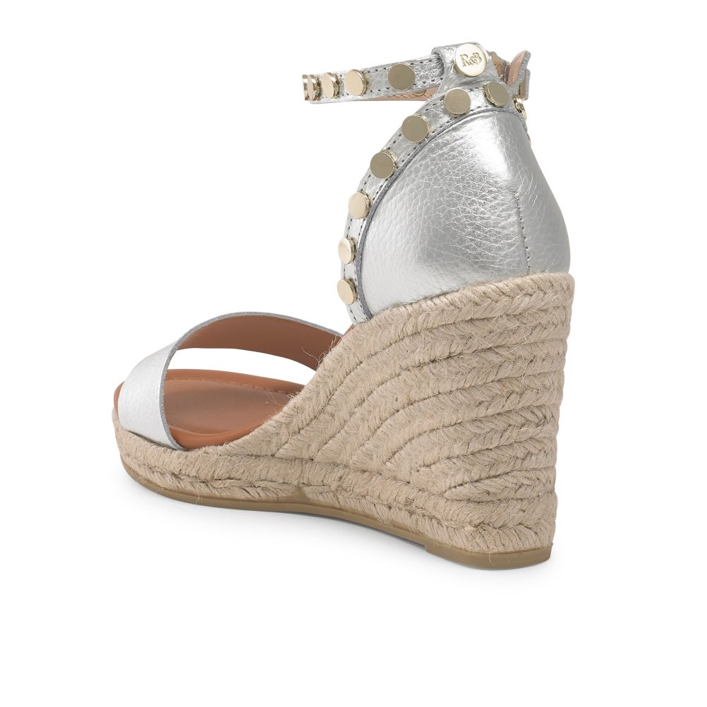 Silver Russell And Bromley Coin Spin Stud Espadrille Women's Wedges | CA-9715Y