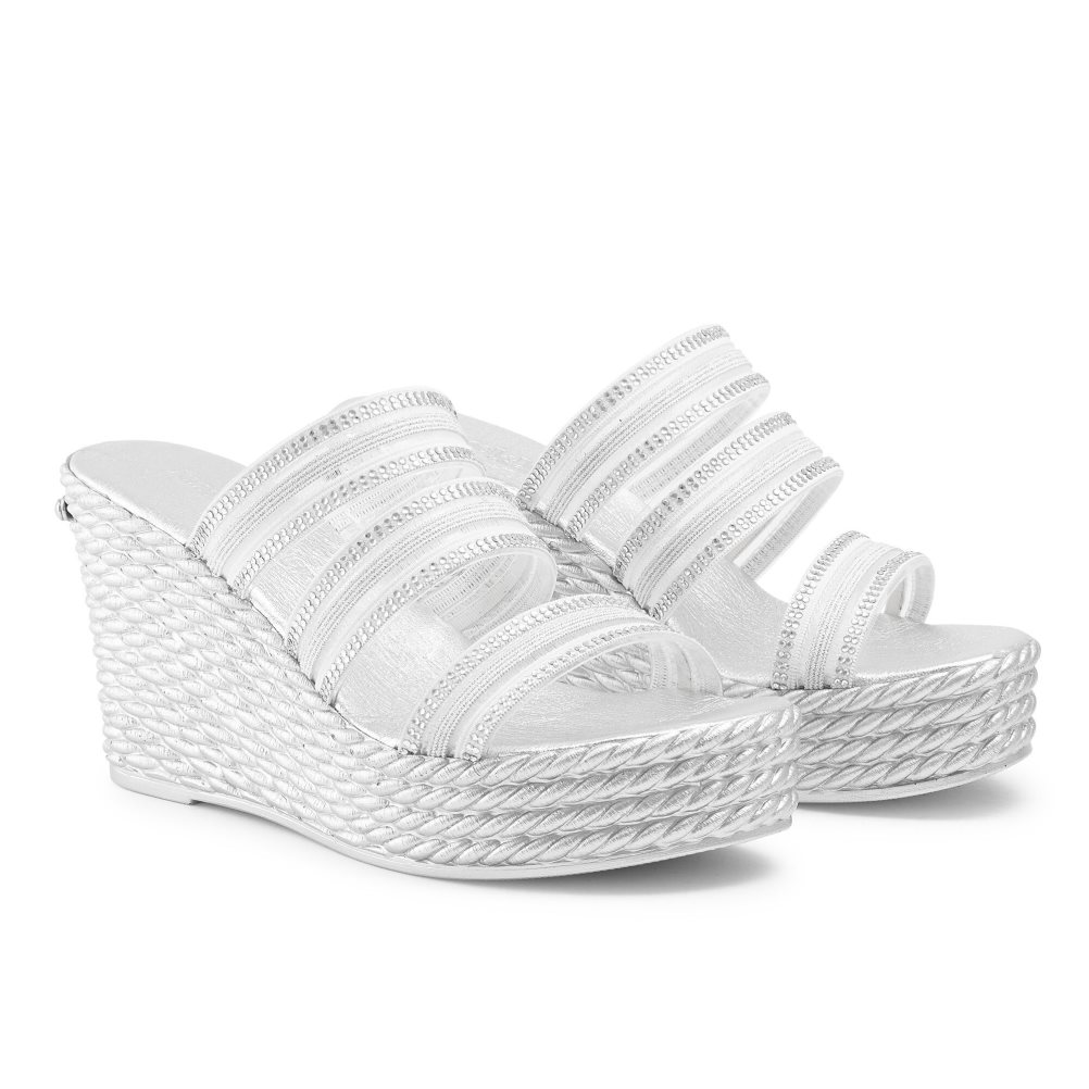 Silver Russell And Bromley Cosmic Triple Strap Women's Wedges | CA-2750M