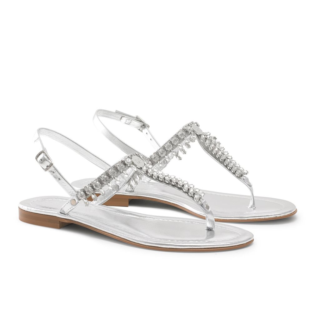 Silver Russell And Bromley Crystal Embellished Women's Flat Sandals | CA-5289Y