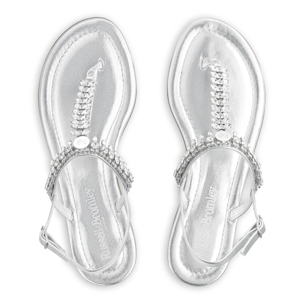 Silver Russell And Bromley Crystal Embellished Women's Flat Sandals | CA-5289Y