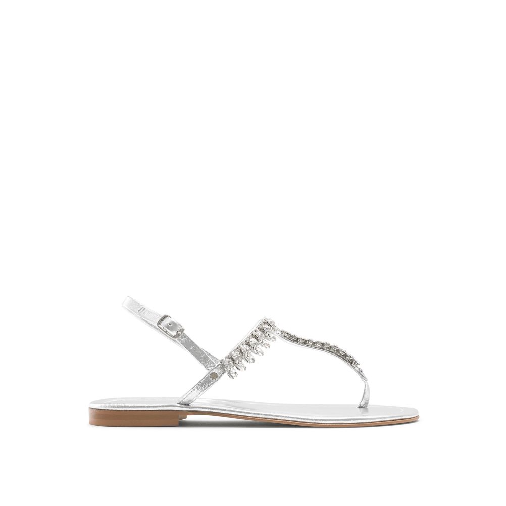 Silver Russell And Bromley Crystal Embellished Women\'s Flat Sandals | CA-5289Y