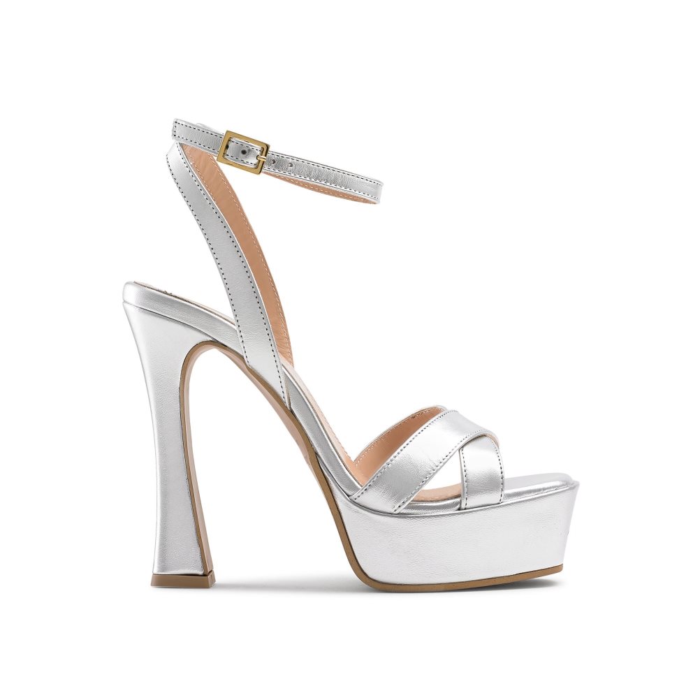 Silver Russell And Bromley Far Out Cross Strap Platform Women\'s Heels Sandals | CA-3256K