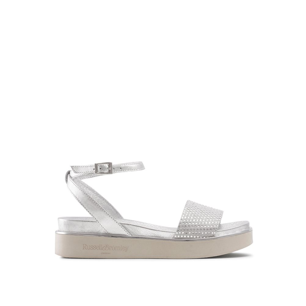 Silver Russell And Bromley Miami Diamante Footbed Women\'s Flat Sandals | CA-8132W