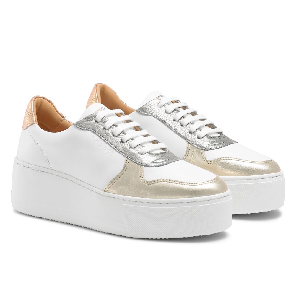 White / Gold Russell And Bromley Park Lace Lace-up Women's Platform Shoes | CA-8194N