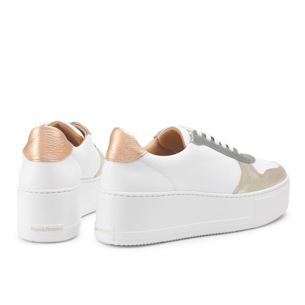 White / Gold Russell And Bromley Park Lace Lace-up Women's Platform Shoes | CA-8194N