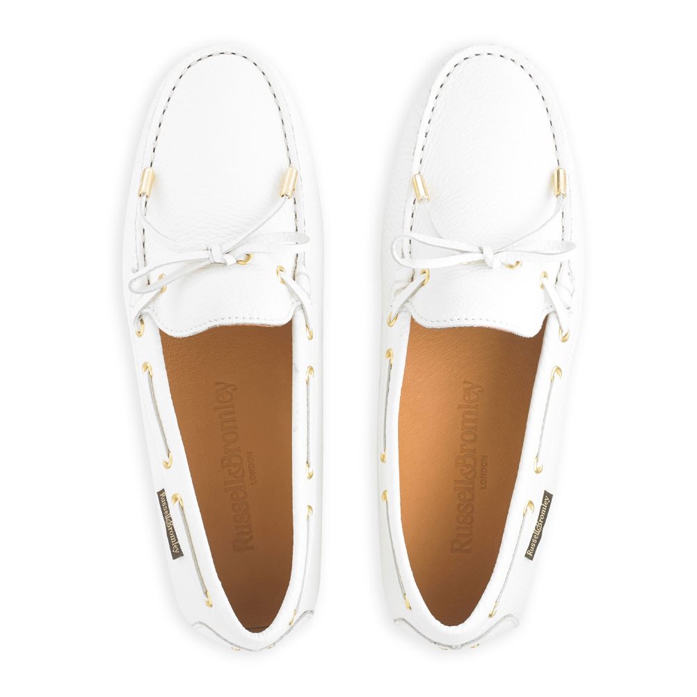 White Russell And Bromley Strada Bow Trim Driver Women's Loafers | CA-8273D