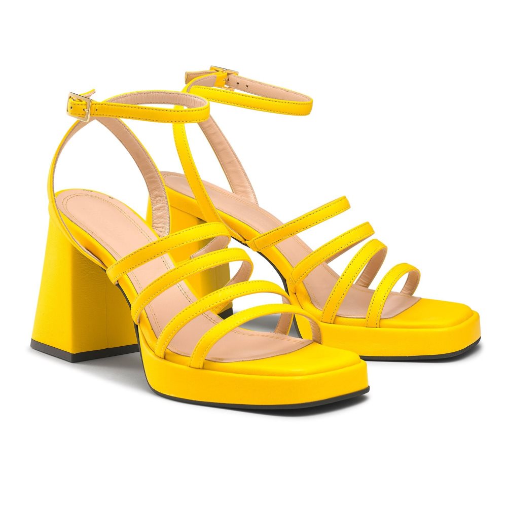 Yellow Russell And Bromley Yeahbaby Strappy Flared Platform Women's Heels Sandals | CA-8945W