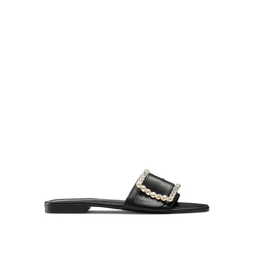 Black Russell And Bromley Cindy Jewelled Buckle Women's Flat Sandals | CA-1594E