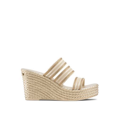 Gold Russell And Bromley Cosmic Triple Strap Women's Wedges | CA-6183C